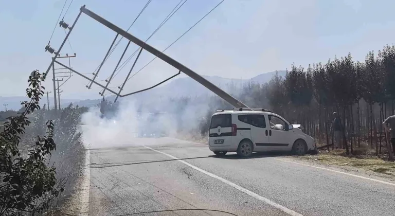 Kontrolden çıkan kamyonet elektrik direğini yerle bir etti