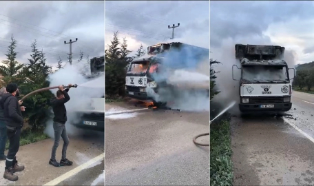 Kamyonette çıkan yangını mahalle muhtarı söndürdü