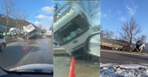 Buzlanma nedeniyle kontrolden çıkan tır refüje girdi