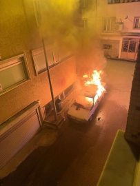 Yanan arabayı bakın nasıl söndürmek istedi