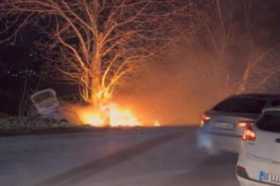 Bursa'da kontrolden çıkan otomobil önce ağaca çarptı sonra alev aldı